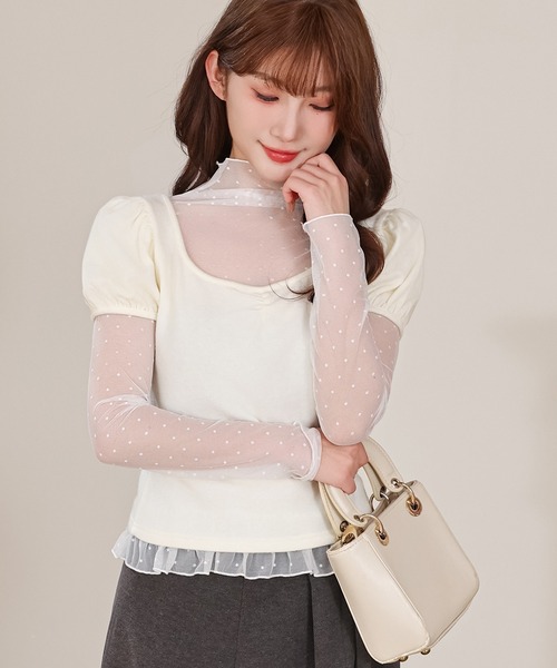 Anely(アネリー)の「ドット柄 シアー レイヤード トップス 2点セット(Tシャツ/カットソー・レディース・グレー/アイボリー/ピンク・FREE)」の10枚目の写真