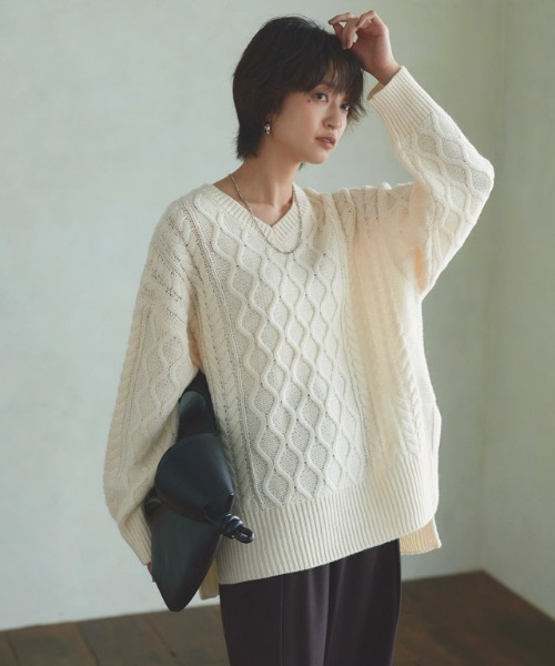 RASW(ラス)の「ケーブルルーズニット(ニット/セーター・レディース・アイボリー/ブラック・M/S/L)」の3枚目の写真