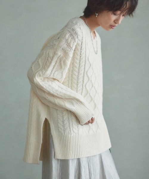 RASW(ラス)の「ケーブルルーズニット(ニット/セーター・レディース・アイボリー/ブラック・M/S/L)」の9枚目の写真