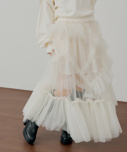 Chico（チコ）の「【SALON by Chico】ランダムチュールフレアスカート（スカート・レディース・ピンク/アイボリー/ブラック・FREE）」の4枚目の写真