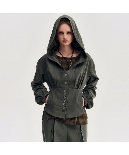 KIMZISU(キムジス)の「Button Up Volume Hood Jumper _ KHAKI(その他アウター・レディース・カーキ・SMALL/MEDIUM)」の1枚目の写真