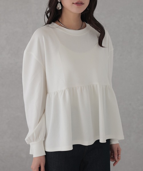 セール】ソリッドカラー ペプラム 長袖 フレア プルオーバー（Tシャツ