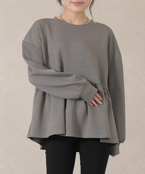ソリッドカラー ペプラム 長袖 フレア プルオーバー（Tシャツ