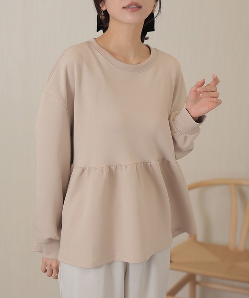 ソリッドカラー ペプラム 長袖 フレア プルオーバー（Tシャツ