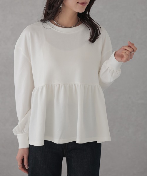 ソリッドカラー ペプラム 長袖 フレア プルオーバー（Tシャツ