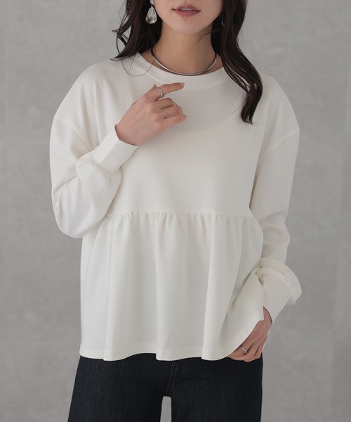 ソリッドカラー ペプラム 長袖 フレア プルオーバー（Tシャツ