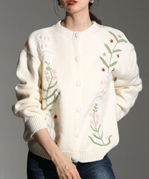 草花刺繍ラインニットカーディガン
