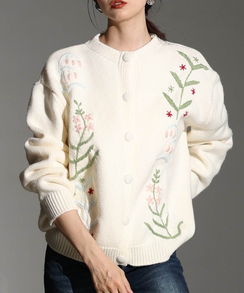 美品★レオナール カーディガン 花柄刺繍 ラインストーン 薄手 ホワイト LL LEONARD レオナール カンカン カーディガン 花柄 ラインストーン M