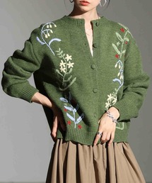 草花刺繍ラインニットカーディガン