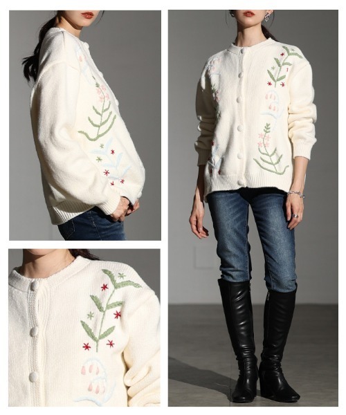 草花刺繍ラインニットカーディガン（カーディガン/ボレロ）｜Sawa a la