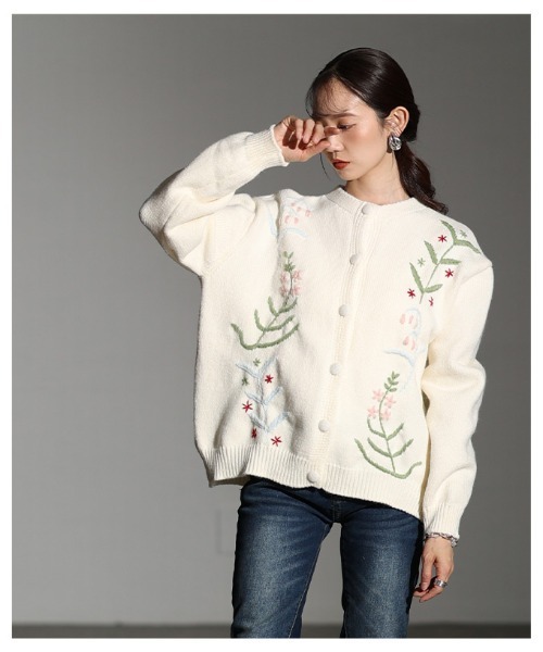 草花刺繍ラインニットカーディガン（カーディガン/ボレロ）｜Sawa a la