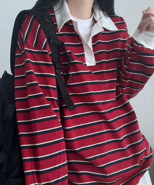 VIVID LADY(ビビッドレディー)の「配色襟 ラガーシャツ風 ボーダートップス(Tシャツ/カットソー・レディース・グリーン/レッド/ブルー・FREE)」の3枚目の写真