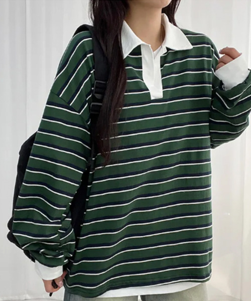 VIVID LADY(ビビッドレディー)の「配色襟 ラガーシャツ風 ボーダートップス(Tシャツ/カットソー・レディース・グリーン/レッド/ブルー・FREE)」の1枚目の写真