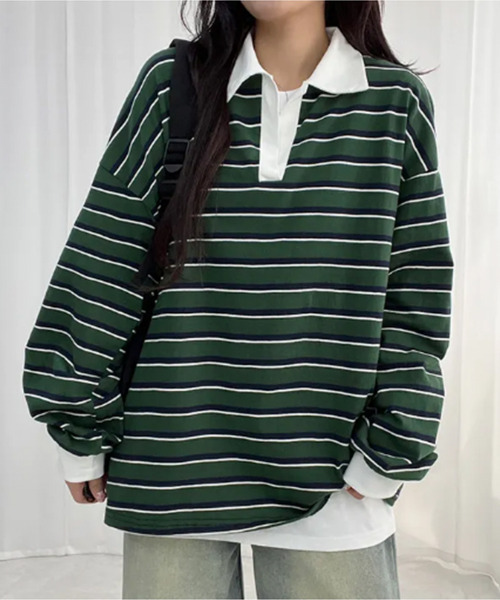 VIVID LADY(ビビッドレディー)の「配色襟 ラガーシャツ風 ボーダートップス(Tシャツ/カットソー・レディース・グリーン/レッド/ブルー・FREE)」の4枚目の写真