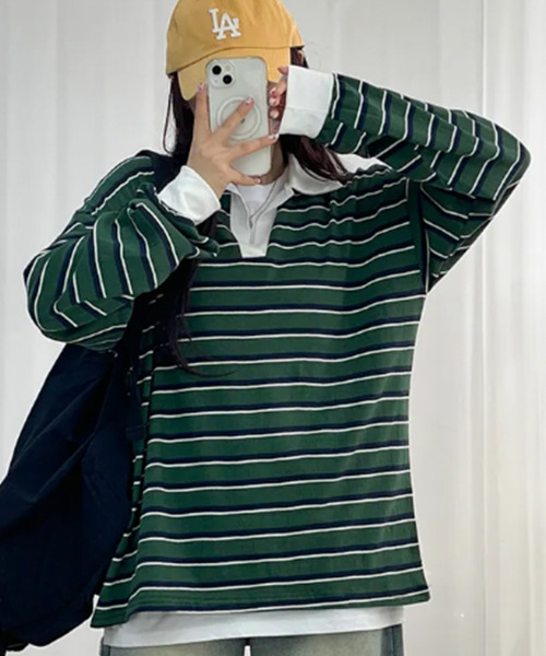 VIVID LADY(ビビッドレディー)の「配色襟 ラガーシャツ風 ボーダートップス(Tシャツ/カットソー・レディース・グリーン/レッド/ブルー・FREE)」の5枚目の写真