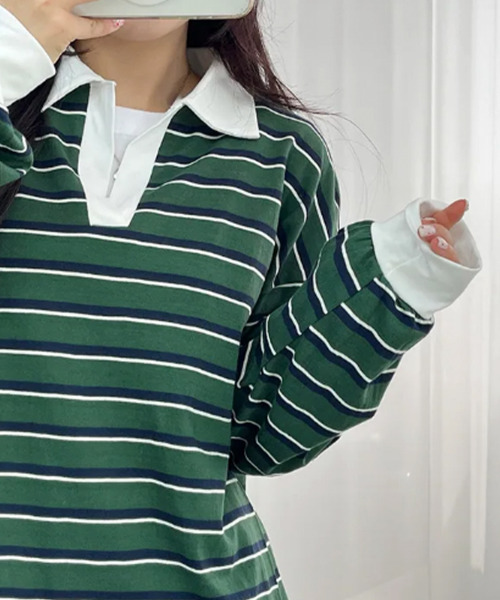 VIVID LADY(ビビッドレディー)の「配色襟 ラガーシャツ風 ボーダートップス(Tシャツ/カットソー・レディース・グリーン/レッド/ブルー・FREE)」の6枚目の写真