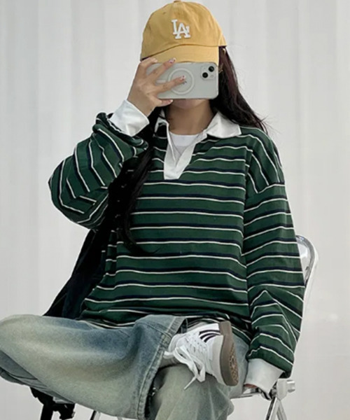 VIVID LADY(ビビッドレディー)の「配色襟 ラガーシャツ風 ボーダートップス(Tシャツ/カットソー・レディース・グリーン/レッド/ブルー・FREE)」の7枚目の写真