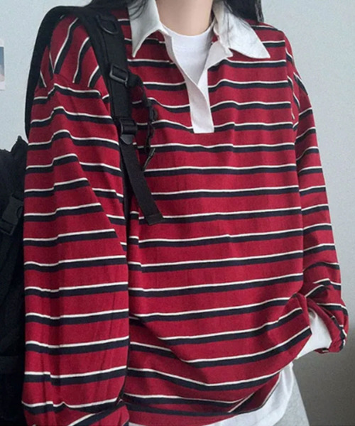 VIVID LADY(ビビッドレディー)の「配色襟 ラガーシャツ風 ボーダートップス(Tシャツ/カットソー・レディース・グリーン/レッド/ブルー・FREE)」の9枚目の写真