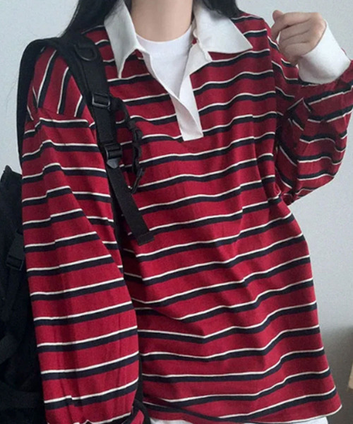 VIVID LADY(ビビッドレディー)の「配色襟 ラガーシャツ風 ボーダートップス(Tシャツ/カットソー・レディース・グリーン/レッド/ブルー・FREE)」の10枚目の写真