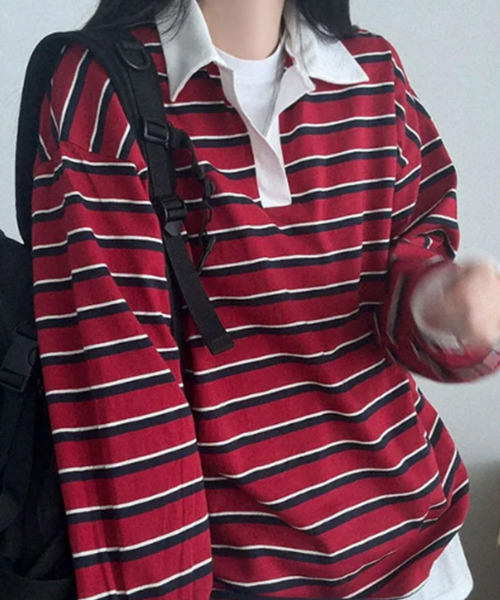 VIVID LADY(ビビッドレディー)の「配色襟 ラガーシャツ風 ボーダートップス(Tシャツ/カットソー・レディース・グリーン/レッド/ブルー・FREE)」の11枚目の写真