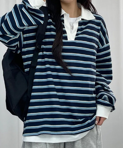 VIVID LADY(ビビッドレディー)の「配色襟 ラガーシャツ風 ボーダートップス(Tシャツ/カットソー・レディース・グリーン/レッド/ブルー・FREE)」の15枚目の写真