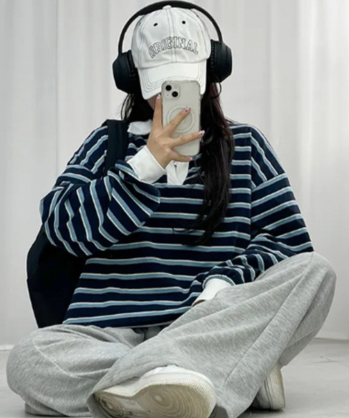 VIVID LADY(ビビッドレディー)の「配色襟 ラガーシャツ風 ボーダートップス(Tシャツ/カットソー・レディース・グリーン/レッド/ブルー・FREE)」の17枚目の写真