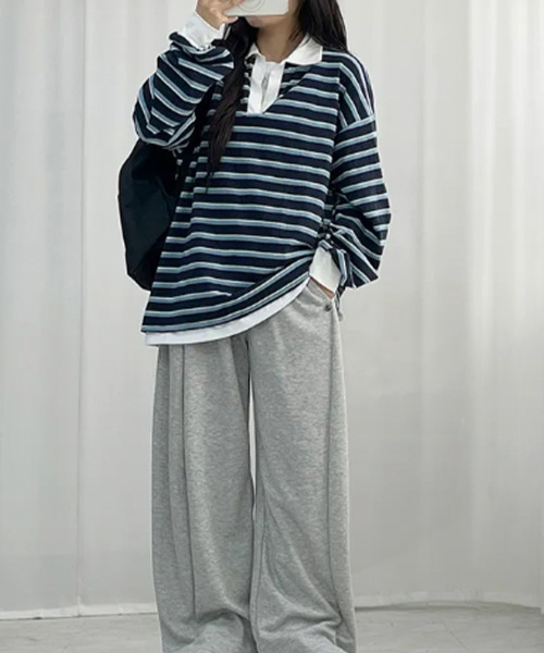 VIVID LADY(ビビッドレディー)の「配色襟 ラガーシャツ風 ボーダートップス(Tシャツ/カットソー・レディース・グリーン/レッド/ブルー・FREE)」の18枚目の写真