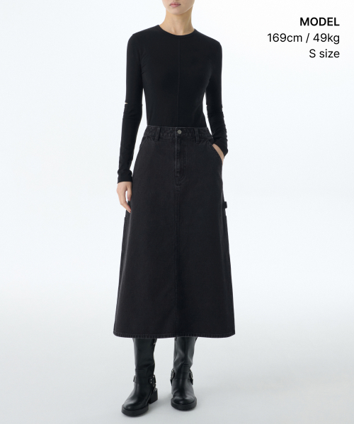 MUSINSA STANDARD WOMAN（ムシンサスタンダードウーマン）の「ウィメンズデニムカーペンターロングスカート[ウォッシュドブラック]（スカート・レディース・その他・LARGE/MEDIUM/SMALL/X-SMALL）」の8枚目の写真