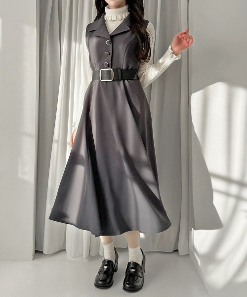 an another angelus（アンアナザーアンジェラス）の「ベルト付き開衿ジレワンピース/fint フィント（ワンピース・レディース・グレー/レンガ・FREE）」の7枚目の写真