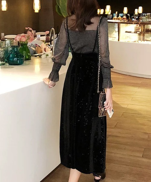 COCOMOMO(ココモモ)の「光を纏うクワイエットグロウ ラメシアーレイヤードベロアドレス ラメ シアートップス ベロア ドレス セットアップ ワンピース パーティー オケージョンドレス 長袖 結婚式 お呼ばれ オケージョン(ドレス・レディース・ブラック・S/M/L/XL)」の6枚目の写真