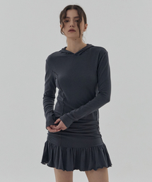 AQUA SHIRRING HOODED DRESS - CHARCOAL
