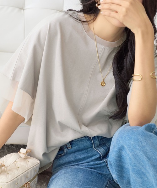 ReDial(リダイアル)の「チュールネットコンビゆるT(Tシャツ/カットソー・レディース・チャコールグレー/ブラック/ベージュ・M/3L/LL/L)」の3枚目の写真