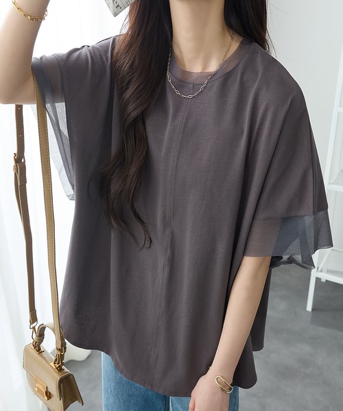 ReDial(リダイアル)の「チュールネットコンビゆるT(Tシャツ/カットソー・レディース・チャコールグレー/ブラック/ベージュ・M/3L/LL/L)」の1枚目の写真