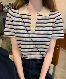 【好評につき新色追加♪】3 色展開 ボーダーニットポロシャツ 半袖 レディース 夏 トップス 透かし編み クロップド丈