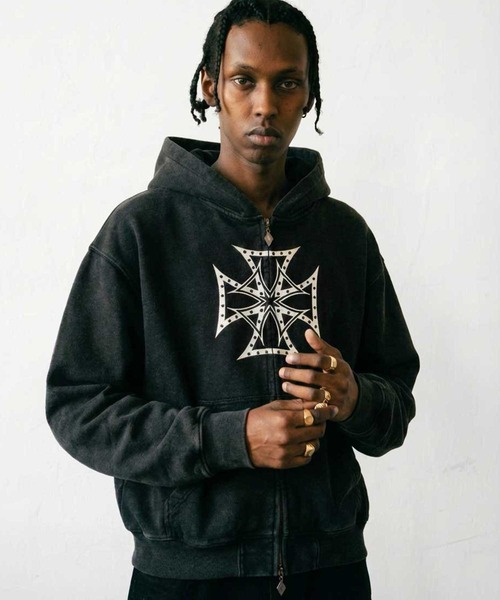 ジップパーカー｜Dusty Iron Cross Rhinestone Zip Hoodie｜SUPPLIER