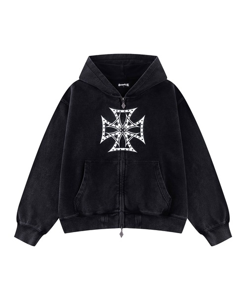 ジップパーカー｜Dusty Iron Cross Rhinestone Zip Hoodie｜SUPPLIER