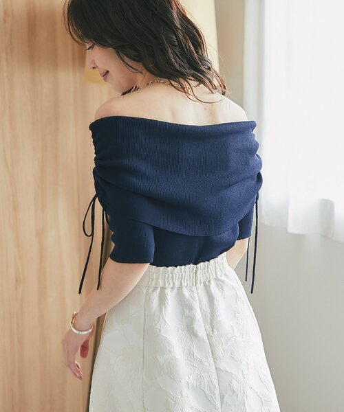 La boutique BonBon（ラブティックボンボン）の「【接触冷感・最強モテニット】クールタッチUVオフショルリブニット（ニット/セーター・レディース・ホワイト/サックスブルー/ネイビー/ピンク・FREE）」の14枚目の写真