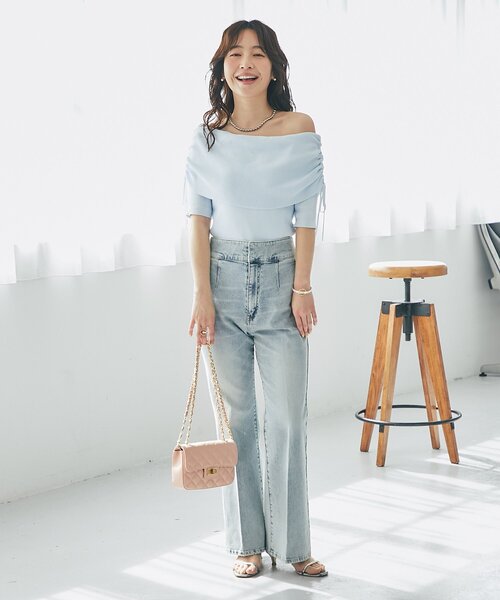 La boutique BonBon（ラブティックボンボン）の「【接触冷感・最強モテニット】クールタッチUVオフショルリブニット（ニット/セーター・レディース・ホワイト/サックスブルー/ネイビー/ピンク・FREE）」の22枚目の写真