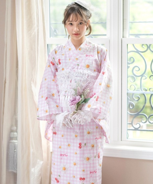 Catherine Cottage(キャサリンコテージ)の「背中ファスナー チュールビスチェレイヤード風ゆかた(lady's)(浴衣・レディース・ピンク系/パープル系1/モーブ系/ライトブルー/ナチュラル/ホワイト×ブルー/レッド系・L/M/S)」の6枚目の写真