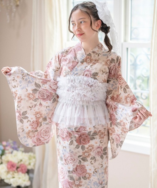 Catherine Cottage(キャサリンコテージ)の「背中ファスナー チュールビスチェレイヤード風ゆかた(lady's)(浴衣・レディース・ピンク系/パープル系1/モーブ系/ライトブルー/ナチュラル/ホワイト×ブルー/レッド系・L/M/S)」の5枚目の写真