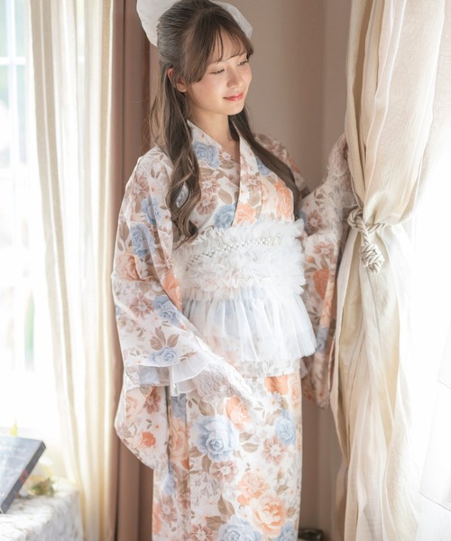 Catherine Cottage(キャサリンコテージ)の「背中ファスナー チュールビスチェレイヤード風ゆかた(lady's)(浴衣・レディース・ピンク系/パープル系1/モーブ系/ライトブルー/ナチュラル/ホワイト×ブルー/レッド系・L/M/S)」の3枚目の写真