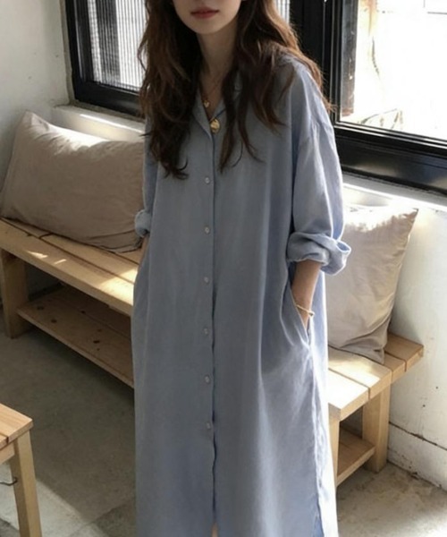mielu（ミエル）の「ロングシャツゆるワンピース（シャツ/ブラウス・レディース・ブルー/ホワイト・LARGE/MEDIUM）」の2枚目の写真