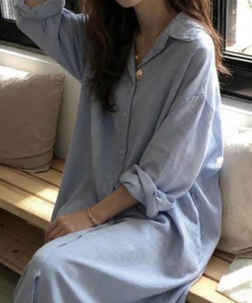mielu（ミエル）の「ロングシャツゆるワンピース（シャツ/ブラウス・レディース・ブルー/ホワイト・LARGE/MEDIUM）」の8枚目の写真