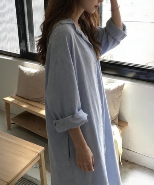mielu（ミエル）の「ロングシャツゆるワンピース（シャツ/ブラウス・レディース・ブルー/ホワイト・LARGE/MEDIUM）」の7枚目の写真