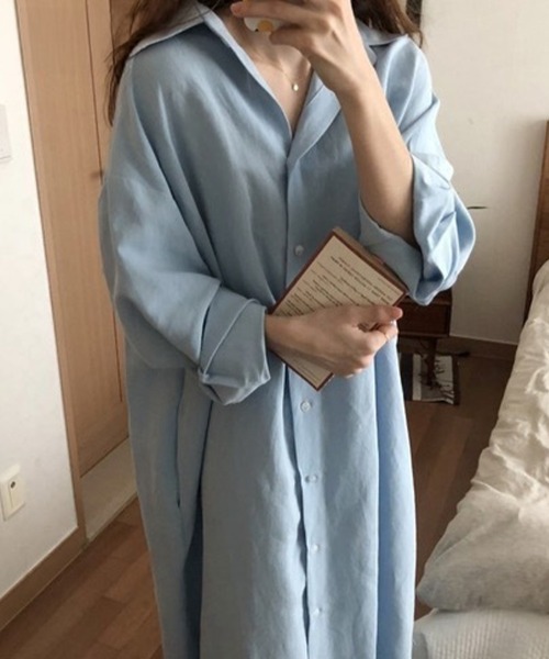 mielu（ミエル）の「ロングシャツゆるワンピース（シャツ/ブラウス・レディース・ブルー/ホワイト・LARGE/MEDIUM）」の5枚目の写真