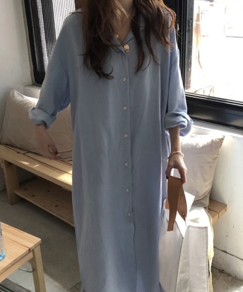 mielu（ミエル）の「ロングシャツゆるワンピース（シャツ/ブラウス・レディース・ブルー/ホワイト・LARGE/MEDIUM）」の4枚目の写真