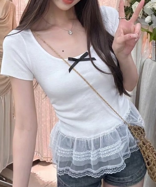 SHEPP(シープ)の「チュールペプラムドッキング リボン半袖カットソー(Tシャツ/カットソー・レディース・ブラック/イエロー/ホワイト・F)」の2枚目の写真