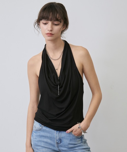 Rohwel（ローウェル）の「Drape Soft Cup-in Halter Top / ドレープソフトカップインホルタートップス（タンクトップ・レディース・ブラック/ホワイト/グレー/ブルー・FREE）」の2枚目の写真