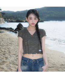 Rose Lace Slim T-shirt [Khaki]