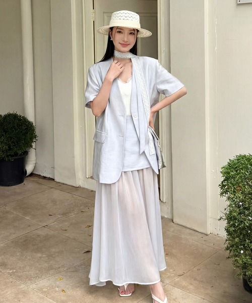 DRESS PLUS(ドレスプラス)の「ショートスリーブジャケット ロングスカート(セットアップ・レディース・ラベンダー/アイボリー/ライトブルー・M/L)」の5枚目の写真